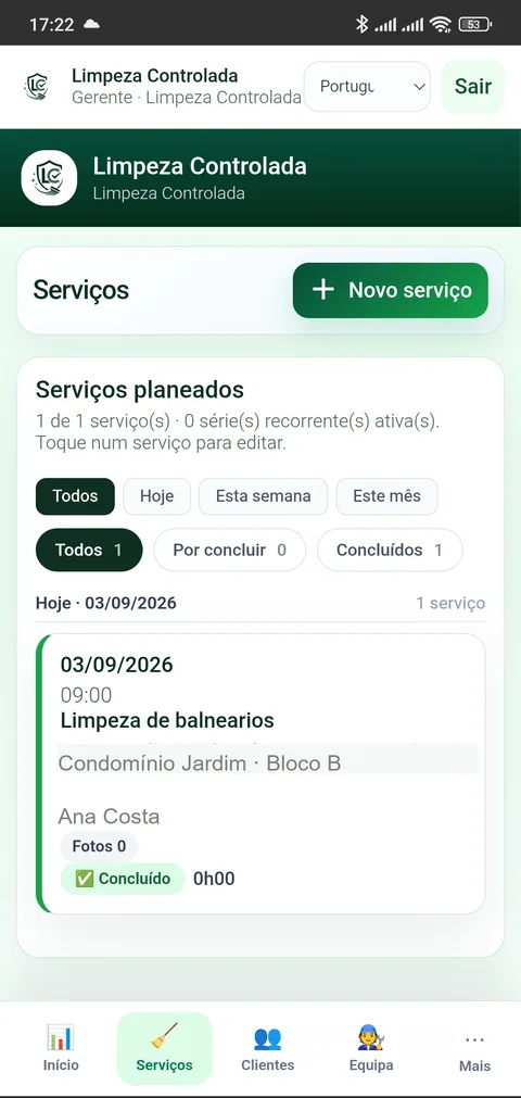 Schedule and services in the Limpeza Controlada app
