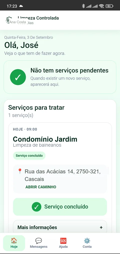 On-site service record on mobile in the Limpeza Controlada app