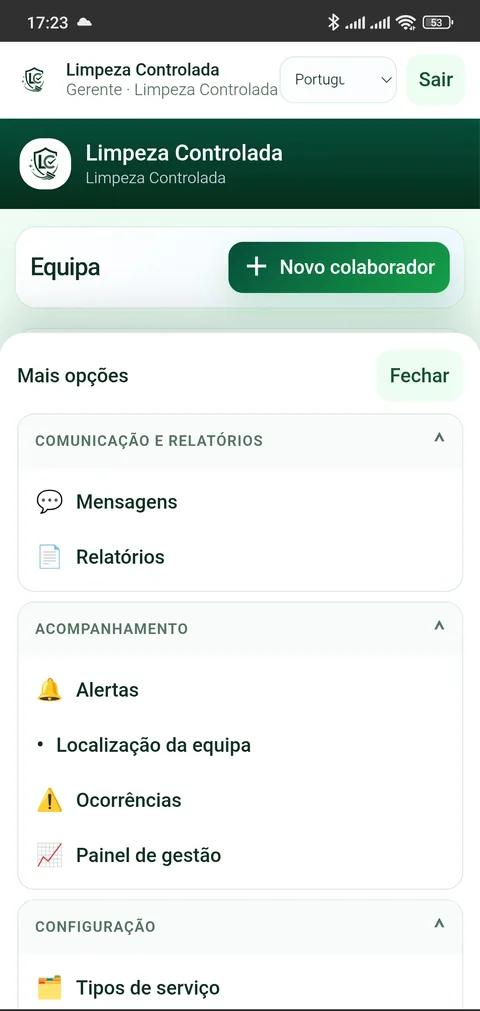 Feature menu of the Limpeza Controlada app